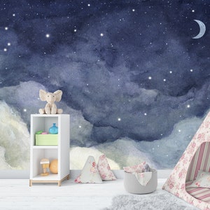 Carta da parati con cielo notturno, design da parete con stelle e luna, design elegante per la cameretta dei bambini, autoadesiva, stacca e attacca, tessuto non tessuto