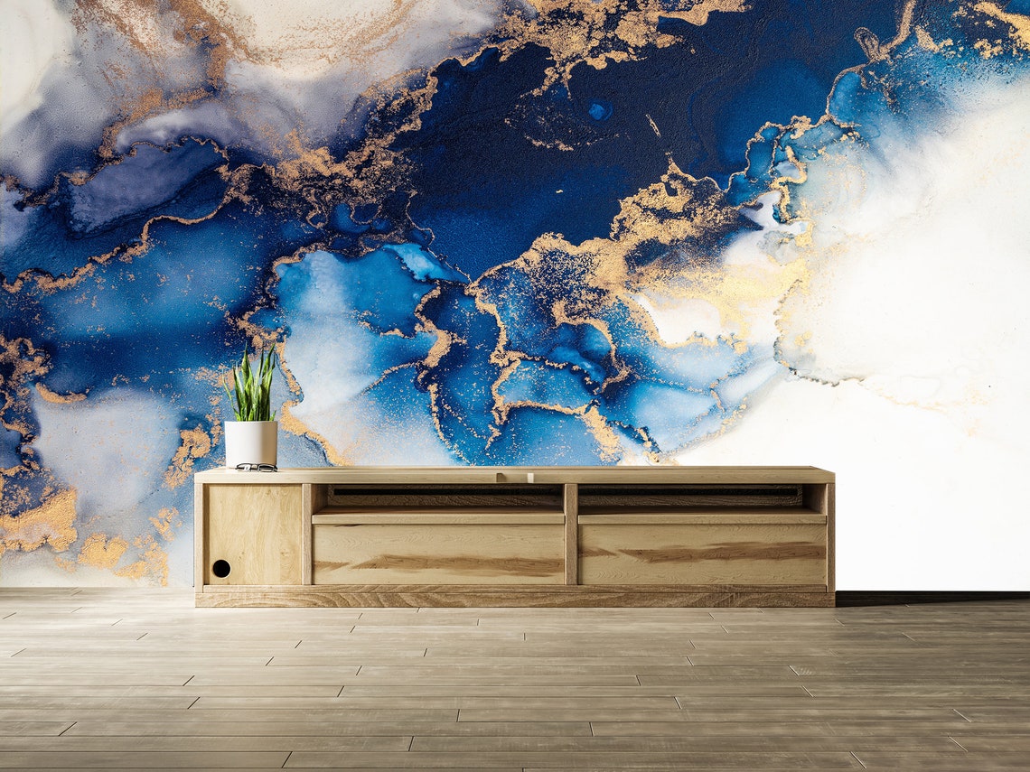 Abstract Blue White Gold Wallpaper Modern Art Wallpaper Etsy