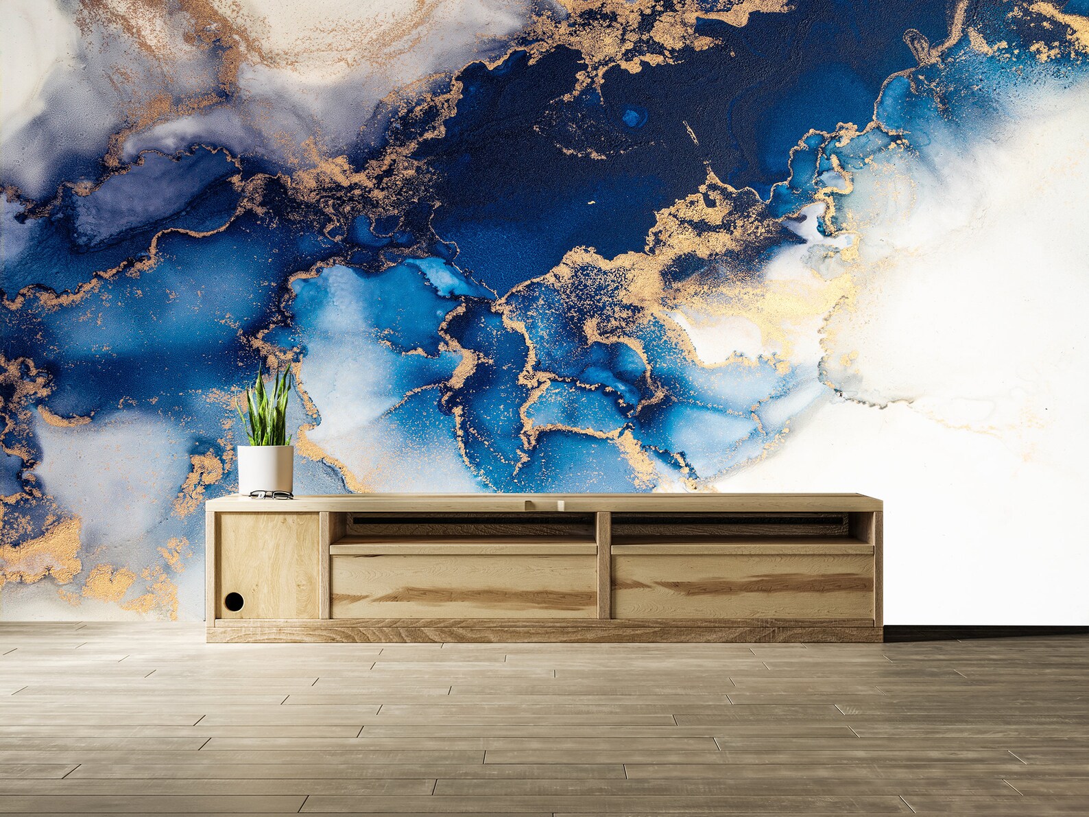 Abstract Blue White Gold Wallpaper Modern Art Wallpaper Etsy