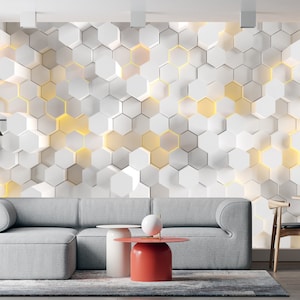 Carta da parati esagonale, Carta da parati geometrica 3D, Design a forma di parete di fondo, Decorazione da parete a nido d'ape, Autoadesiva, Stacca e incolla, Non tessuto