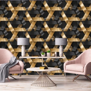 Carta da parati a righe geometriche, decorazione da parete a righe dorate e nere, design a nastro, autoadesiva, stacca e attacca, tessuto non tessuto