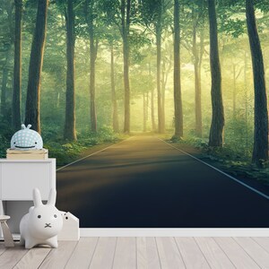 Papier peint forêt, oeuvre d'art murale forêt brumeuse, décoration murale forêt brumeuse pour votre chambre, auto-adhésif, non tissé