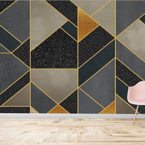 Geometric Gold Stripe Wallpaper, Retro Geometric Wall Design, Geometric Peel and Stick, Self-Adhesive, Peel and Stick, Non-Woven
