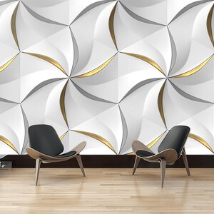 Papier peint géométrique doré, motif mural géométrique blanc, formes d'éventails en relief, auto-adhésif, autocollant, non tissé