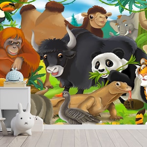 Cartoon Tapete zum Abziehen und Aufkleben, Tapete mit lustigen, glücklichen Tieren, Kinderzimmer, glückliches Tierdesign, selbstklebend, abziehen und aufkleben, Vlies