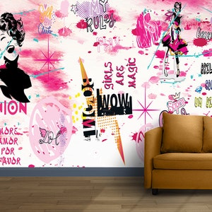 Carta da parati colorata con moda femminile, arte murale astratta con moda, decorazione murale con volto femminile, design per camerette per adolescenti, autoadesiva, stacca e attacca, tessuto non tessuto