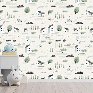 Carta da parati per bambini stacca e attacca, design della parete della scuola materna della fattoria, concetto di scenario naturale scandinavo, autoadesiva, stacca e attacca, tessuto non tessuto