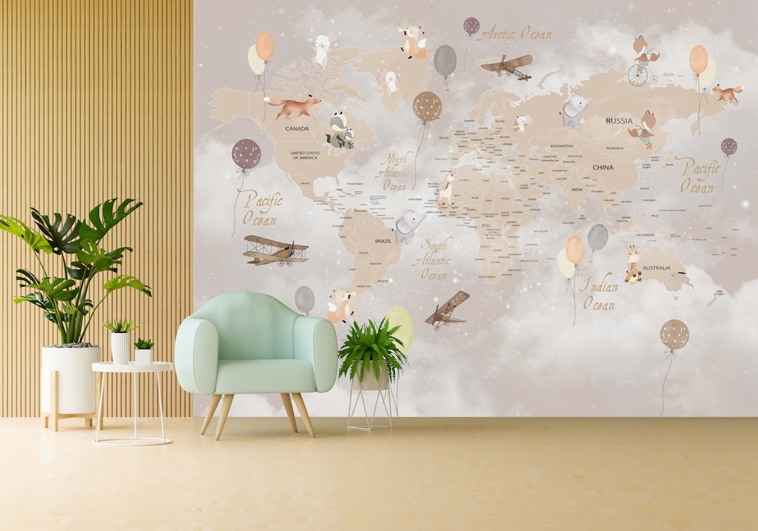 Educational World Map Wallpaper for Kids Rooms, World Map Wall Decor ...