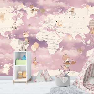 Mädchenzimmer Weltkarte Tapete, Mädchen und Jugendzimmer Wandgestaltung, Karte Tapete Schälen und Aufkleben, Selbstklebend, Abziehen und Aufkleben,Vlies