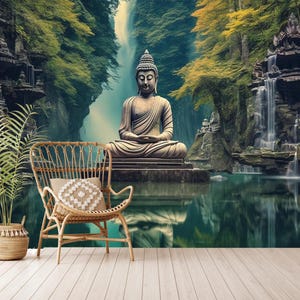 Carta da parati con meditazione del Buddha, Buddha con paesaggio acquatico naturale, carta da parati indù, statua del Buddha, autoadesiva, staccabile e attaccabile, tessuto non tessuto