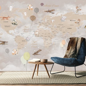 Carta da parati educativa con mappa del mondo per le camerette dei bambini, decorazione da parete con mappa del mondo, autoadesiva, stacca e attacca, non tessuta