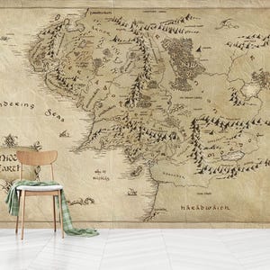 Behang oude kaart van Middle Earth, niet-geweven filmkaartbehang, bedrukt met Middle Earth, oude kaart, zelfklevend, peel and stick, niet-geweven