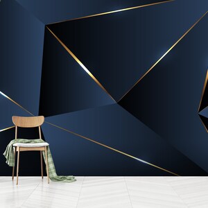 Papier peint triangulaire autocollant, art mural bleu marine de luxe non tissé, motif triangle avec rayures dorées, auto-adhésif, autocollant, non tissé
