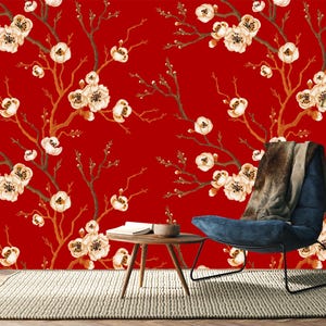 桜の花の中国壁紙、桜のカスタマイズ可能な壁紙、桜の壁アート、自己粘着性、剥がして貼る、不織布