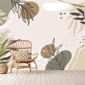 Carta da parati con fiori e foglie in stile boho, fresca arte murale boho, carta da parati con foglie boho per camera da letto, autoadesiva, staccabile e attaccabile, tessuto non tessuto