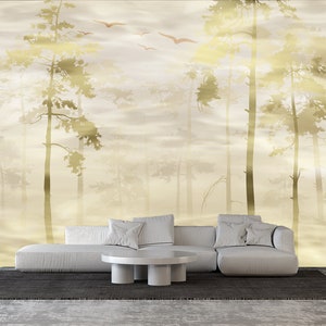 Misty Forest Wallpaper,Retro Forest Wall Design,Vintage Look Wallpaper,Nostalgic Forest,Self-Adhesive,Peel and Stick,Non-Woven