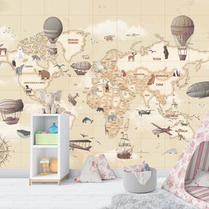 Papier peint carte du monde de chambre d'enfant, décoration de carte du monde d'enfants, carte du monde d'impression de carte d'enfants, décoration de chambre d'enfants, auto-adhésif, non tissé