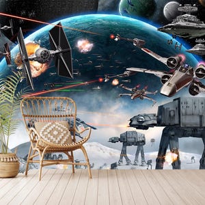 Carta da parati con scena di battaglia galattica, murale da parete con battaglia di Star Wars, decorazione da parete per cameretta dei bambini di Star Wars, autoadesiva, stacca e attacca, tessuto non tessuto