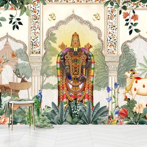 Balaji Tapete,Shrinathji's Garden Pichwai Wanddekoration, Inspirierende Tapete für Räume und Tempel,traditionelle indische Kunst,selbstklebend
