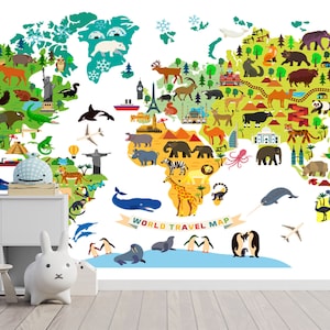 Dekorative Tierkarte Tapete, Tierkarte Schälen und Aufkleben, Wanddekor, Kinderzimmer, Wandgestaltung, Selbstklebend, Schälen und Aufkleben, Vlies