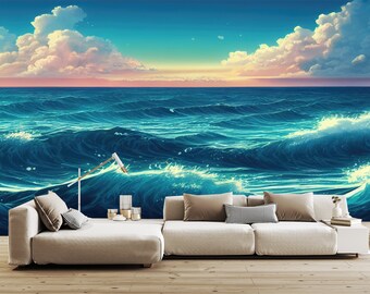 Ocean Wave Wallpaper, Cloudy Sunset Wavy Sea Wallpaper, Peel and stick wallpaper, Removable wallpaper