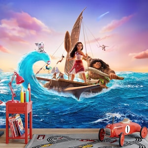 Moana and Vaiana Cartoon Themed Peel and Stick Kids Room Wallpaper, Moana Wallpaper,Self Adhesive, Peel And Stick, Non-Woven