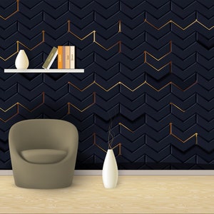 Carta da parati geometrica nera, design a strisce oro scuro, design moderno oro nero, autoadesiva, stacca e attacca, tessuto non tessuto