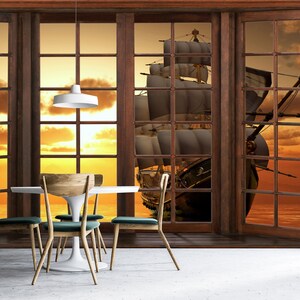Schiffsansicht Gefälschte Fenstertapete, Sonnenuntergang Gefälschte Fenster, Romantisches Design, Realistische Wandgestaltung, Selbstklebend, Abziehen und Aufkleben, Vlies