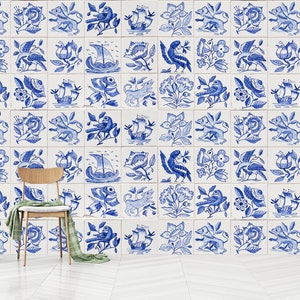 Carta da parati con piastrelle spagnole stacca e attacca, decorazione da parete con piastrelle blu, carta da parati botanica con piastrelle, autoadesiva, stacca e attacca, tessuto non tessuto