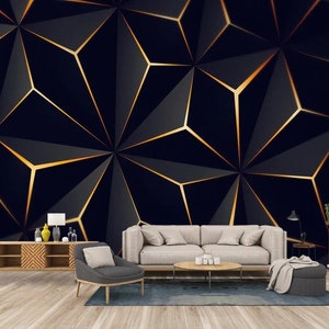 Triangle Dark Background Wallpaper,Yellow Triangle Striped Wall Decor,Home and Office Digital Printing,SelfAdhesive,Peel And Stick,Non-Woven