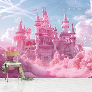 Carta da parati Castle, design da parete con castello rosa nuvoloso, decorazione da parete con castello rosa, arte da parete con mondo fantasy, autoadesiva, stacca e attacca, tessuto non tessuto