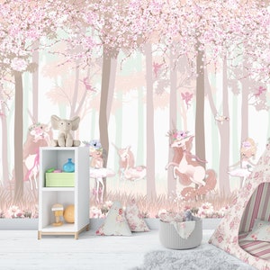 Carta da parati con foresta rosa unicorno, Decorazione da parete per camera delle ragazze, Unicorni, Mondo fantastico, Autoadesiva, Stacca e incolla, Non tessuto