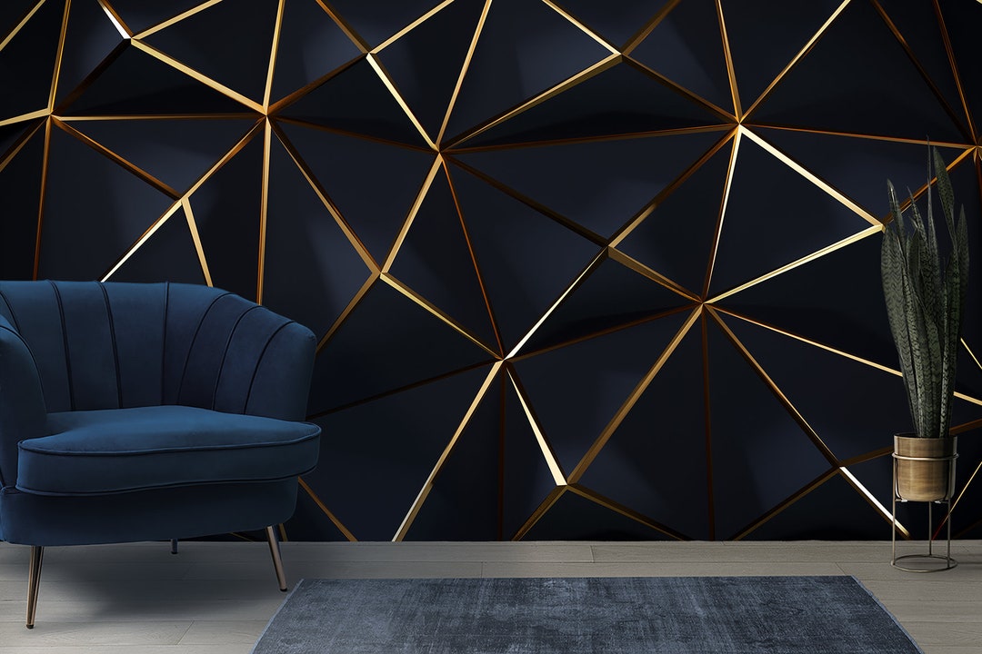 Luxury Triangle Abstract Black With Golden Light Lines Wallpaper , Wall