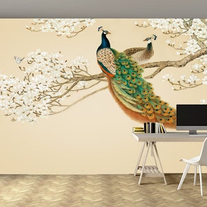 Carta da parati grande con pavone, design murale con pavone pastello, arte murale con pavone floreale, autoadesiva, stacca e attacca, non tessuta