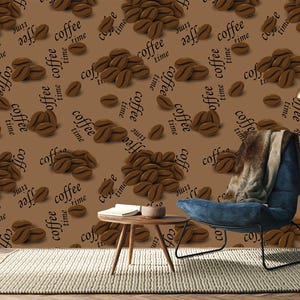 Modello senza cuciture di chicchi di caffè, poster da parete per caffè, carta da parati in stile francese per caffè, murales per caffetterie, autoadesivi, stacca e attacca, non tessuti