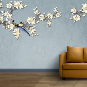 Flower and Bird Wallpaper,Chinese Birds Wall Art,Textured Flower Wall Decor,Self-Adhesive,Peel and Stick,Non-Woven