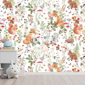 Carta da parati per cameretta con simpatici animali, design per cameretta con volpe, riccio e coniglio, autoadesiva, staccabile e attaccabile, in tessuto non tessuto