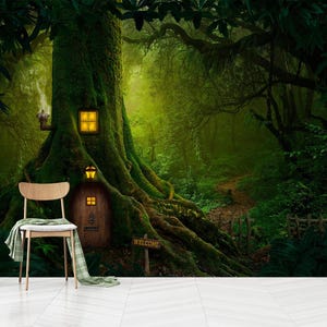 Magical Oak, Fairy Tale, Forest House Wall Mural,Tapestry,Nursery Design,,Self-Adhesive,Peel and Stick,Non-Woven