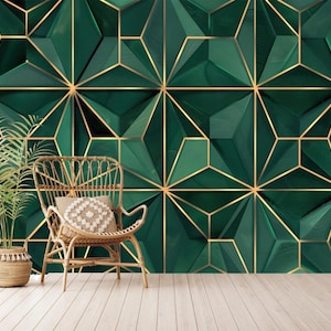 Geometric Modern Design Luxury Wallpaper Peel and Stick, Gold Triangle Mural, Green Wall Decor, Self-Adhesive, Peel and Stick, Non-Woven