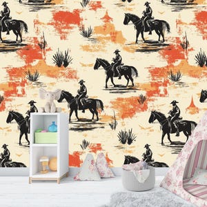 Dark Western Cowboy Theme Wallpaper Peel and Stick, Vintage Cowboy Rodeo Bull and Horse, Self-Adhesive, Peel and Stick, Non-Woven