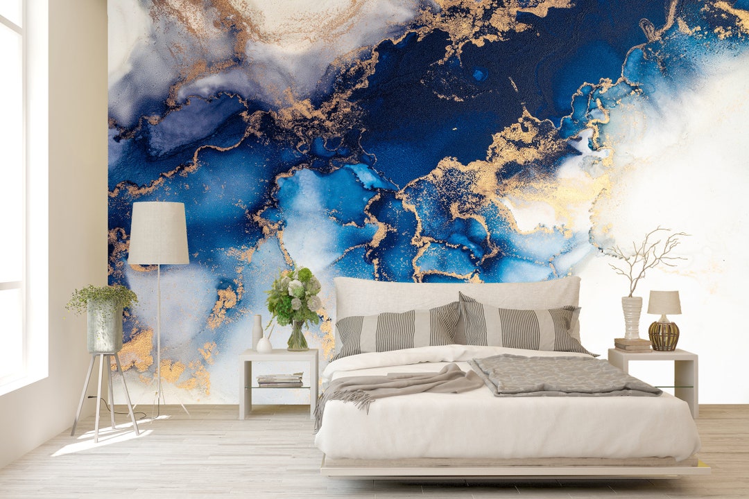 Abstract Blue White Gold Wallpaper Modern Art Wallpaper Etsy