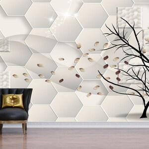 Papier peint hexagonal couleur crème, motif mural géométrique hexagonal, géométrique blanc, autocollant, autocollant, non tissé