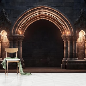 Tapete des alten Schlosses, antike klassische architektonische Steinbögen mit geflammtem Wanddekor, selbstklebend, abziehen und aufkleben, nicht gewebt