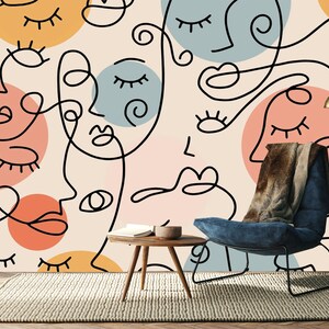 Gestreept gezichtsbehang, abstract gezicht muurontwerp, cartoon gezicht muurdecor, zelfklevend, peel and stick, niet-geweven
