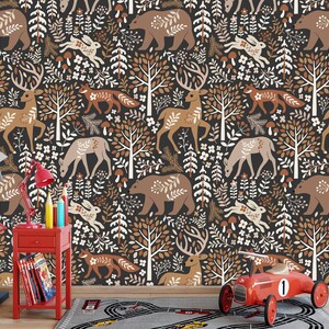 Carta da parati Woodland, carta da parati Forest per bambini, carta da parati scandinava, carta da parati con animali, autoadesiva, stacca e attacca, non tessuta