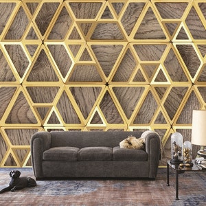 Gold Shaped Geometric Wallpaper on Wood, Unique Stylish Design, New Fashion, Self-Adhesive, Peel and Stick, Non-Woven