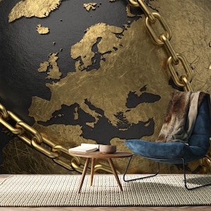3D-Gold-Weltkarte Tapete,Haus Büro Weltkarte Selbstklebende Tapete, Goldweltkarte mit Ketten,selbstklebend,abziehen und aufkleben,Vlies