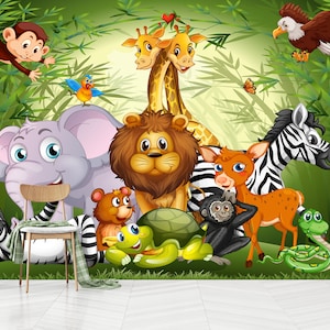 Papel tapiz de animales lindos, decoración de pared de animales de dibujos animados, arte de pared de safari, diseño de habitaciones para niños y adolescentes, autoadhesivo, despegar y pegar, no tejido
