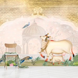Indische Pichwai Kuh Tapete, ethnische Pichwai-Kunst für Wohnzimmer, Kuh- und Pfau-Wandkunst für Pooja Mandir, selbstklebend, abziehen und aufkleben