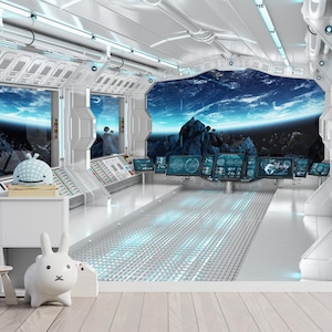 Fotomurale di fantascienza, carta da parati futuristica con astronave, interni fantastici con astronavi, autoadesiva, staccabile e attaccabile, tessuto non tessuto